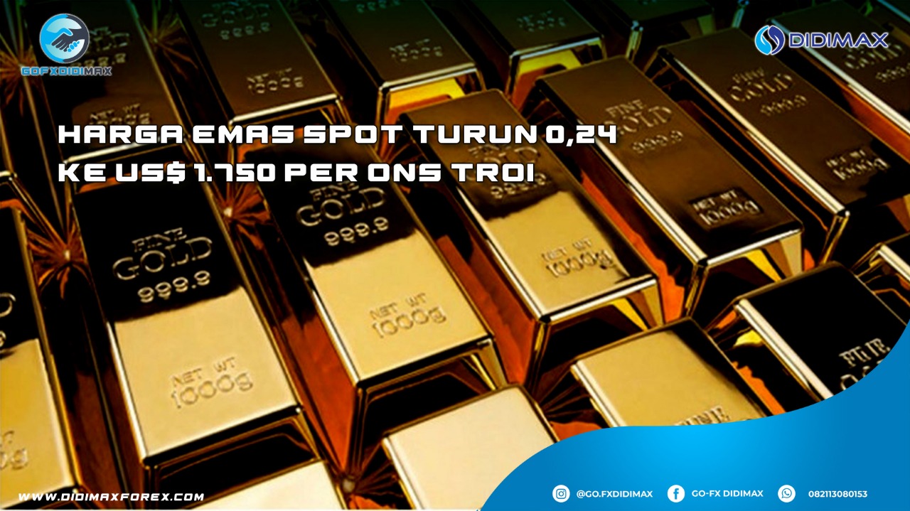 Harga emas spot turun 0,24% ke US$ 1.750 per ons troi